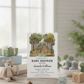 Rustic Woodland Cabin Forest Animals Baby Shower 招待状