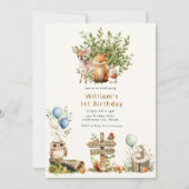 Rustic Woodland cute Baby animals First Birthday   招待状 (正面)