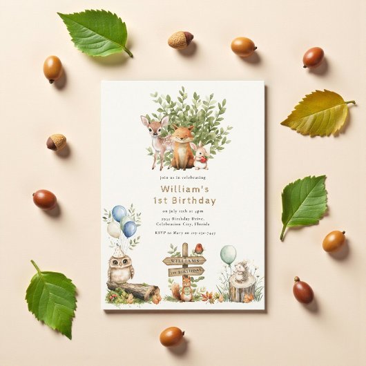 Rustic Woodland cute Baby animals First Birthday   招待状