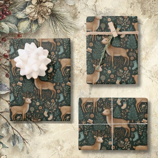 Rustic Woodland Deer & Christmas Pine Tree  ラッピングペーパーシート