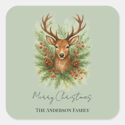 Rustic Woodland Deer Head with Winter Foliage -  スクエアシール (正面)