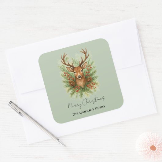 Rustic Woodland Deer Head with Winter Foliage -  スクエアシール (封筒)