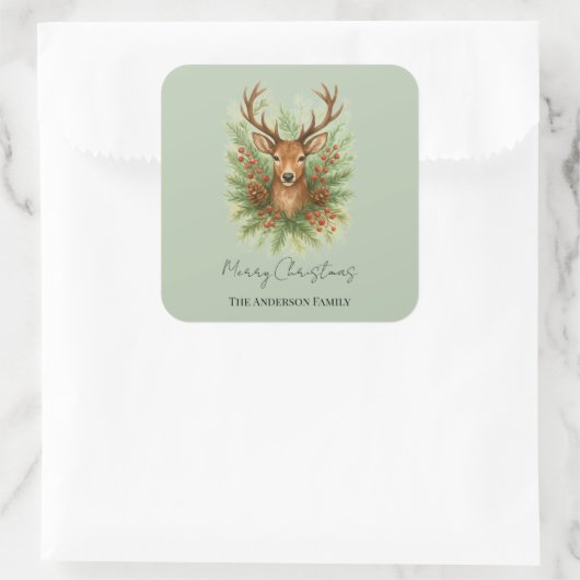 Rustic Woodland Deer Head with Winter Foliage -  スクエアシール (バッグ)