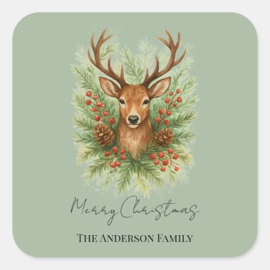 Rustic Woodland Deer Head with Winter Foliage -  スクエアシール (正面)