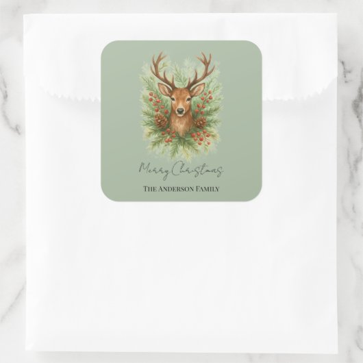 Rustic Woodland Deer Head with Winter Foliage -  スクエアシール (バッグ)