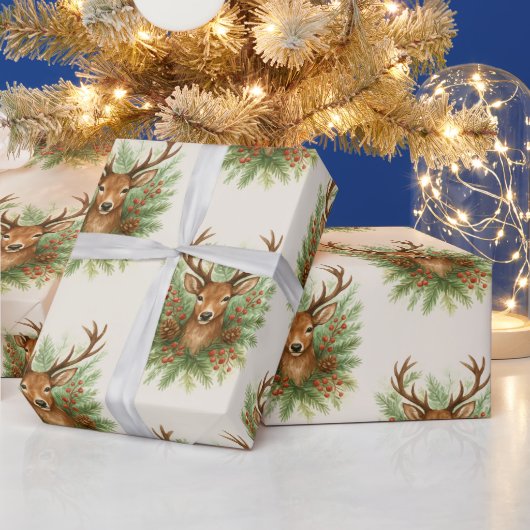 Rustic Woodland Deer Head with Winter Foliage -  ラッピングペーパー (クリスマス)