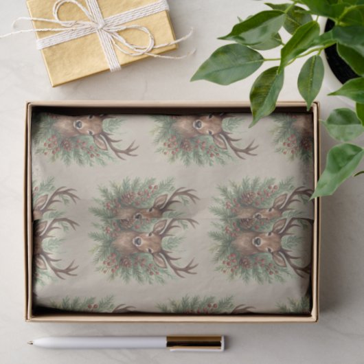 Rustic Woodland Deer Head with Winter Foliage - 薄葉紙 (ギフト)