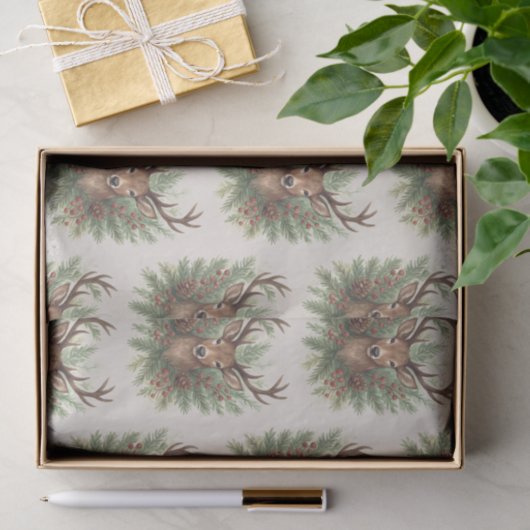 Rustic Woodland Deer Head with Winter Foliage -  薄葉紙 (ギフト)