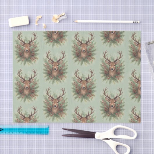 Rustic Woodland Deer Head with Winter Foliage -  薄葉紙 (クラフト)