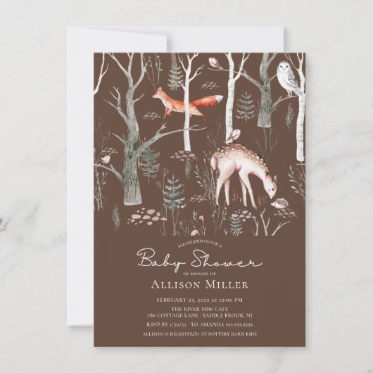 Rustic Woodland Forest Animals Baby Shower Invitat 招待状 (正面)