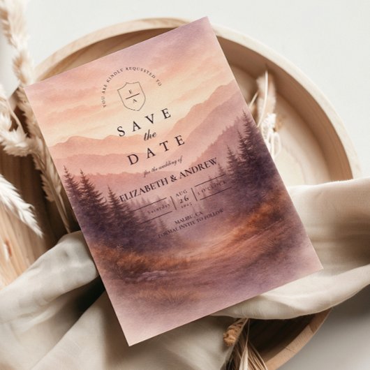 Rustic Woodland Mountain Scene Wedding セーブザデート