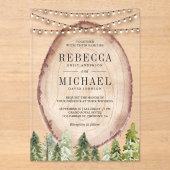 Rustic Woodland Pine Forest Wood Slice Wedding アクリル招待状 (正面)