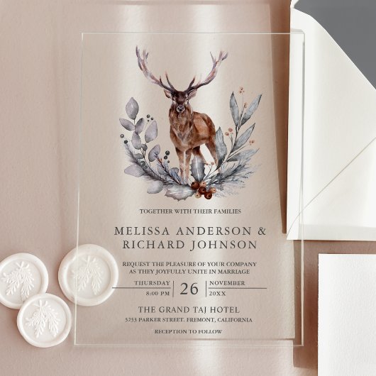 Rustic Woodland Watercolor Forest Deer Wedding アクリル招待状