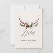 Rustic Woodland Wedding Details Card with Antlers セーブザデート (正面)
