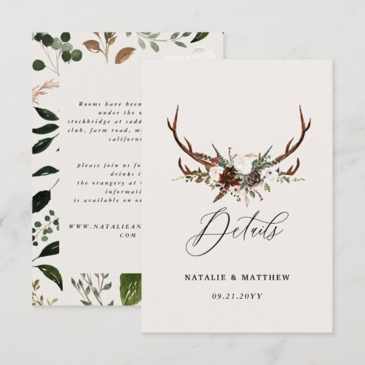 Rustic Woodland Wedding Details Card with Antlers セーブザデート (正面/裏面)