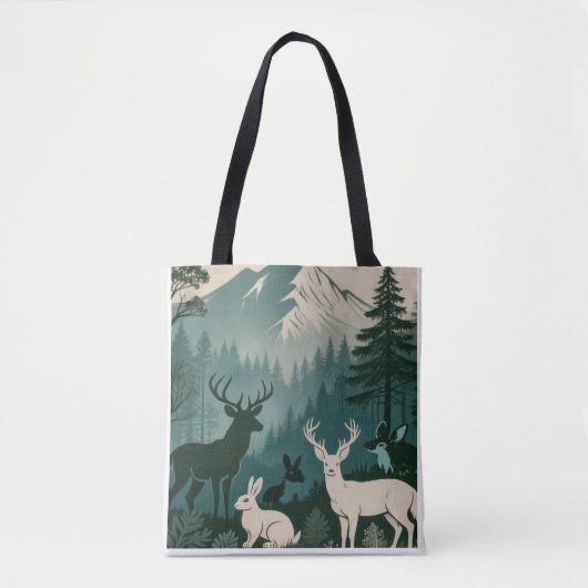Rustic Woodland Wildlife Deer Rabbit Mountain Scen トートバッグ (正面)