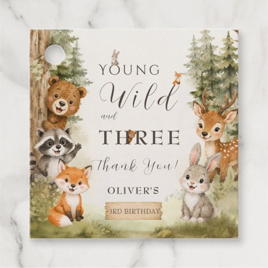 Rustic Woodland Young Wild and Three 3歳の誕生日 フェイバータグ (正面)