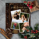Rustic Woodsy Wood Faith Love and Family 4 Photo F 箔シーズンカード<br><div class="desc">Rustic woodsy faux dark stained wood "Faith, Love and Family" four framed photos collage holiday design with real gold foil text on front and with a snowflake pattern over the dark wood as a background on back. Simply add your family name and the year along with your photos to complete...</div>
