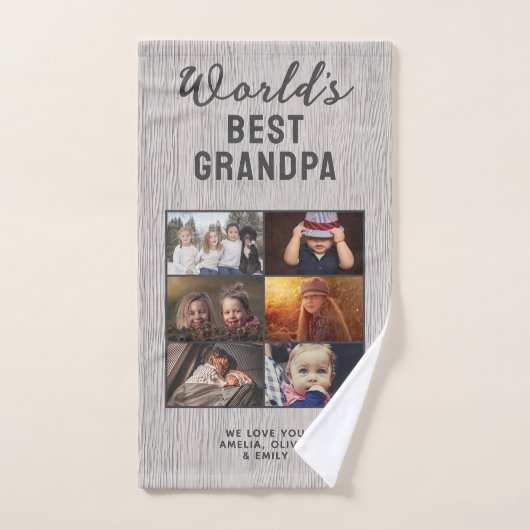 Rustic World's Best Grandpa Wood Custom 6 Photo  バスタオルセット (ハンドタオル)