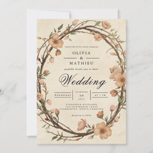Rustic Woven Wreath Floral Wedding 招待状 (正面)
