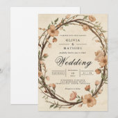 Rustic Woven Wreath Floral Wedding 招待状 (正面/裏面)