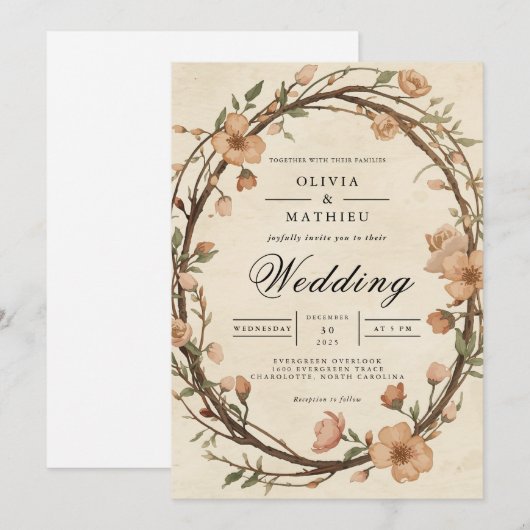 Rustic Woven Wreath Floral Wedding 招待状 (正面/裏面)