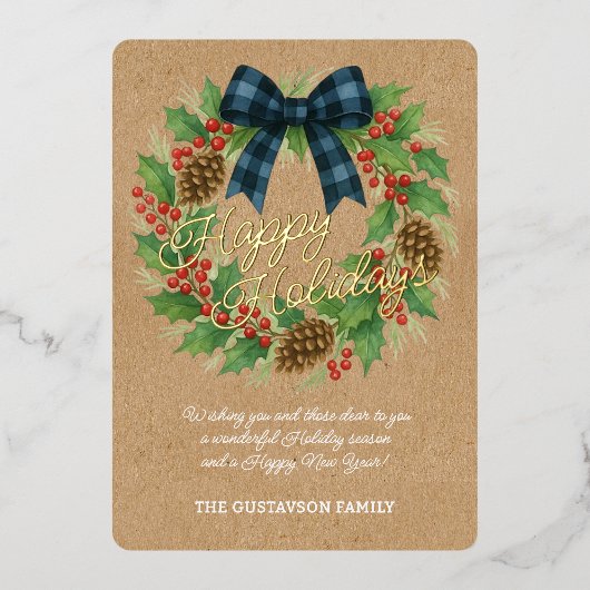 Rustic Wreath Blue Black Checkered Bow Gold 箔シーズンカード (正面)