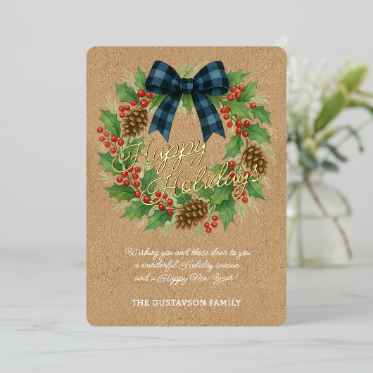 Rustic Wreath Blue Black Checkered Bow Gold 箔シーズンカード (立ち正面)