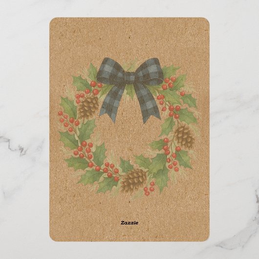 Rustic Wreath Blue Black Checkered Bow Gold 箔シーズンカード (裏面)