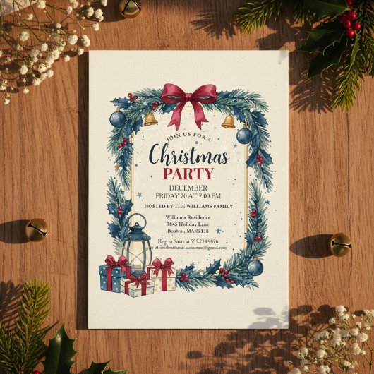 Rustic Wreath Christmas Party Invitation Blue 招待状