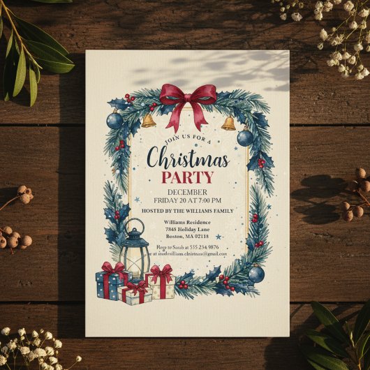 Rustic Wreath Christmas Party Invitation Blue 招待状
