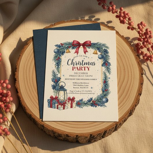 Rustic Wreath Christmas Party Invitation Blue 招待状