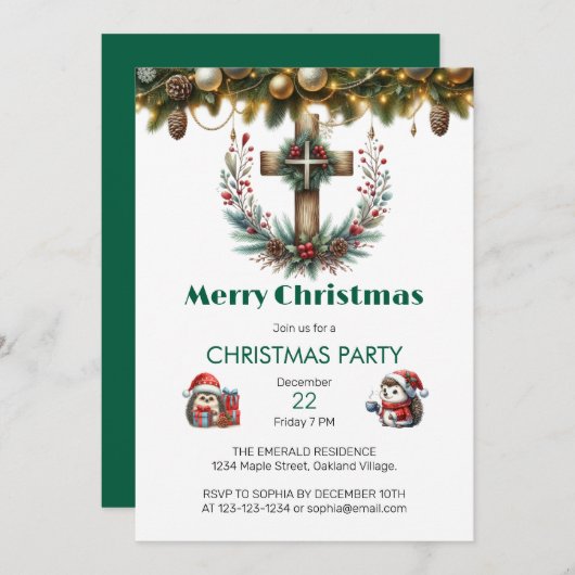 Rustic Wreath Cross Christmas 招待状 (正面/裏面)