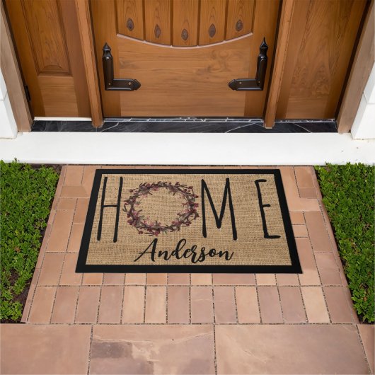 Rustic Wreath Faux Burlap Home Family Name Doormat ドアマット (室外)