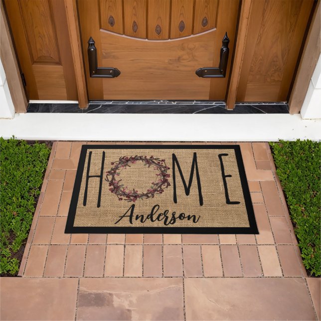 Rustic Wreath Faux Burlap Home Family Name Doormat ドアマット (室外)