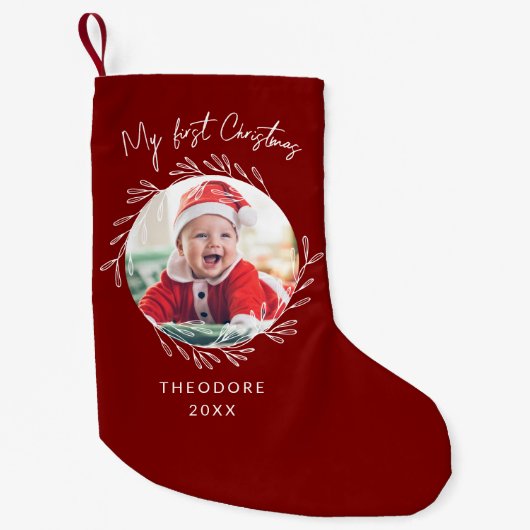 Rustic Wreath Leaf My first Christmas Baby Photo  スモールクリスマスストッキング (正面)