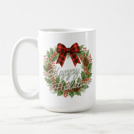 Rustic Wreath Red Black Checkered Bow Holiday コーヒーマグカップ