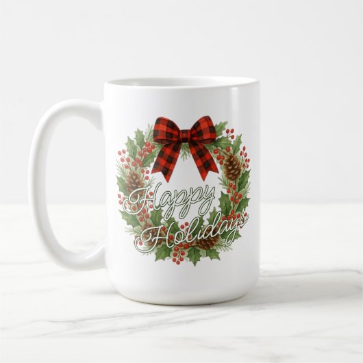 Rustic Wreath Red Black Checkered Bow Holiday コーヒーマグカップ (左)