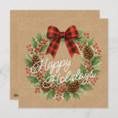Rustic Wreath Red Black Checkered Bow Holiday Card シーズンカード (正面/裏面)