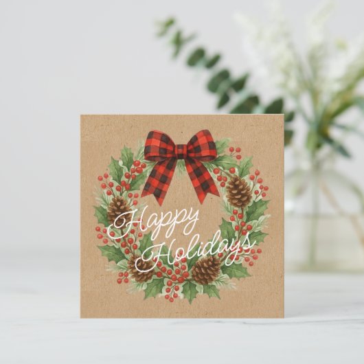Rustic Wreath Red Black Checkered Bow Holiday Card シーズンカード (スタンド正面)