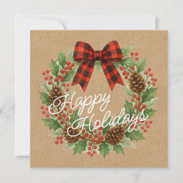 Rustic Wreath Red Black Checkered Bow Holiday Card シーズンカード