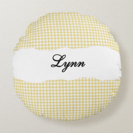 Rustic Yellow Gingham Personalized Name ラウンドクッション
