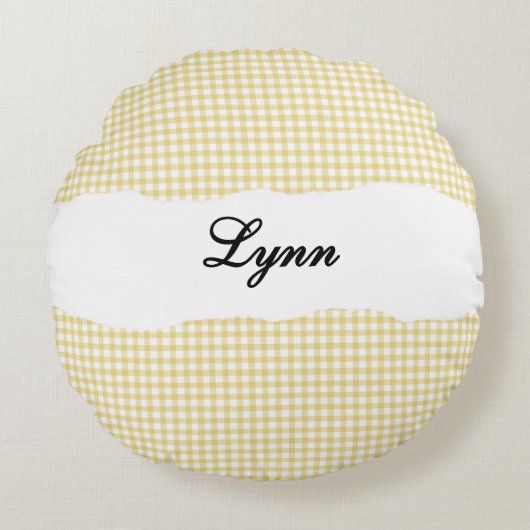 Rustic Yellow Gingham Personalized Name ラウンドクッション (正面)