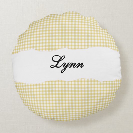 Rustic Yellow Gingham Personalized Name ラウンドクッション (裏面)