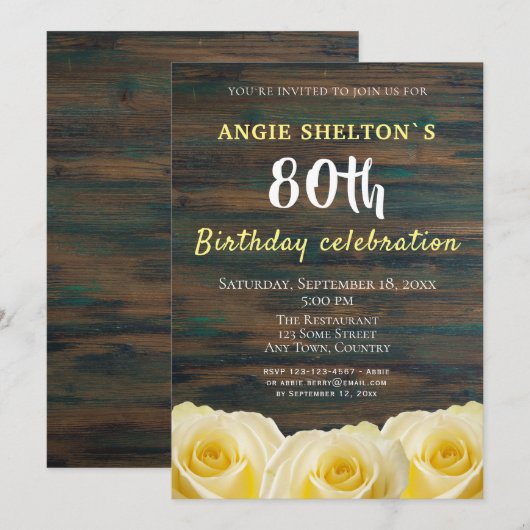 rustic Yellow Rose 80歳誕生日フラワーパーティー 招待状 (正面/裏面)
