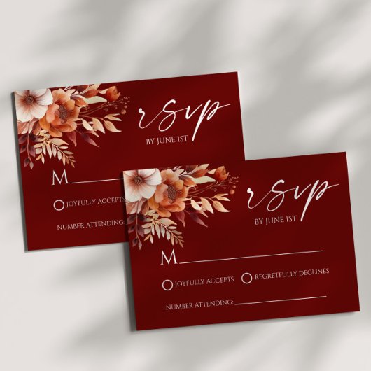 Rusty Burgundy Brown Floral Flower Garden Wedding 出欠カード