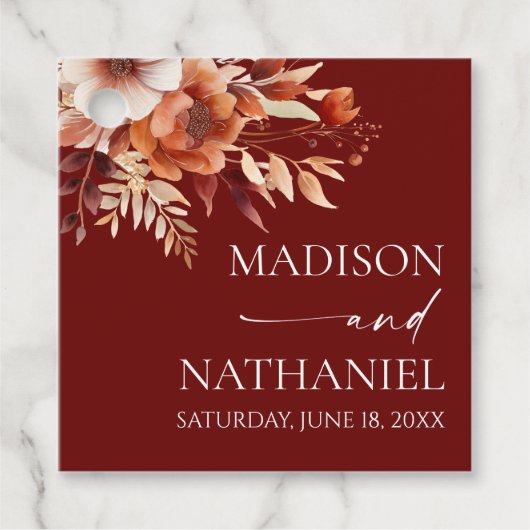 Rusty Burgundy Brown Floral Flower Wedding フェイバータグ (正面)