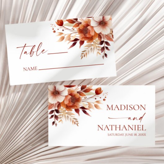 Rusty Burgundy Brown Floral Flower Wedding プレイスカード