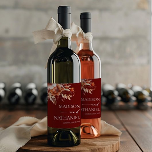 Rusty Burgundy Brown Floral Flower Wedding ワインラベル