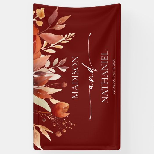 Rusty Burgundy Brown Floral Flower Wedding 横断幕 (縦)